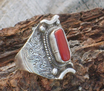 Tibetan Red Coral Scrollwork Ring - sz 9.25